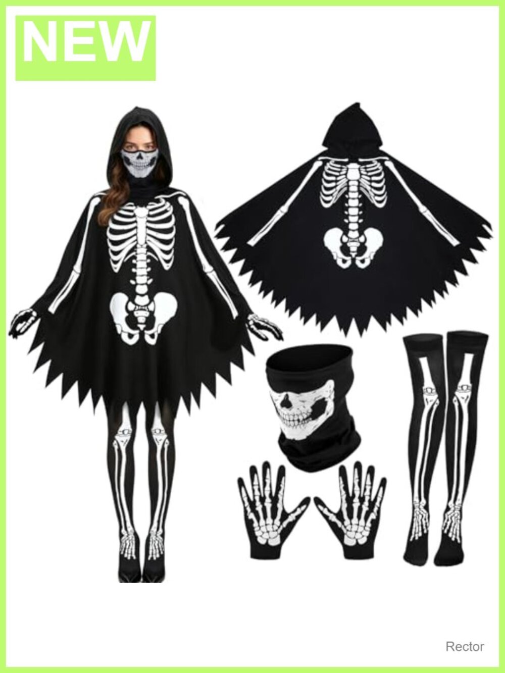 Women Skeleton Halloween Costume Poncho Set w Gloves Stockings Mask